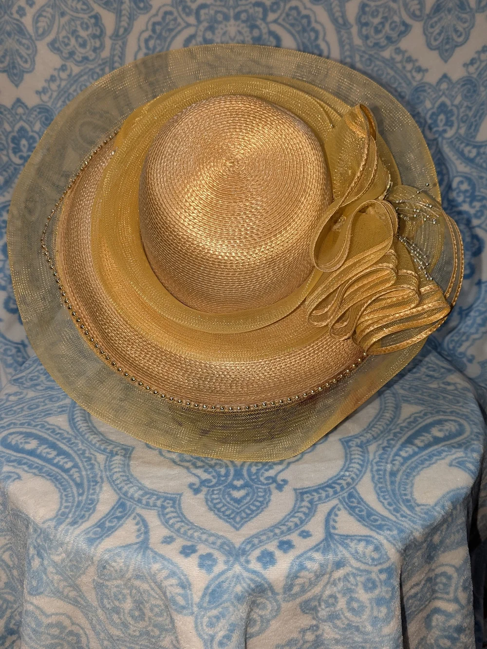 Elegant Yellow-Gold Floral Sinamay Women's Dress Hat